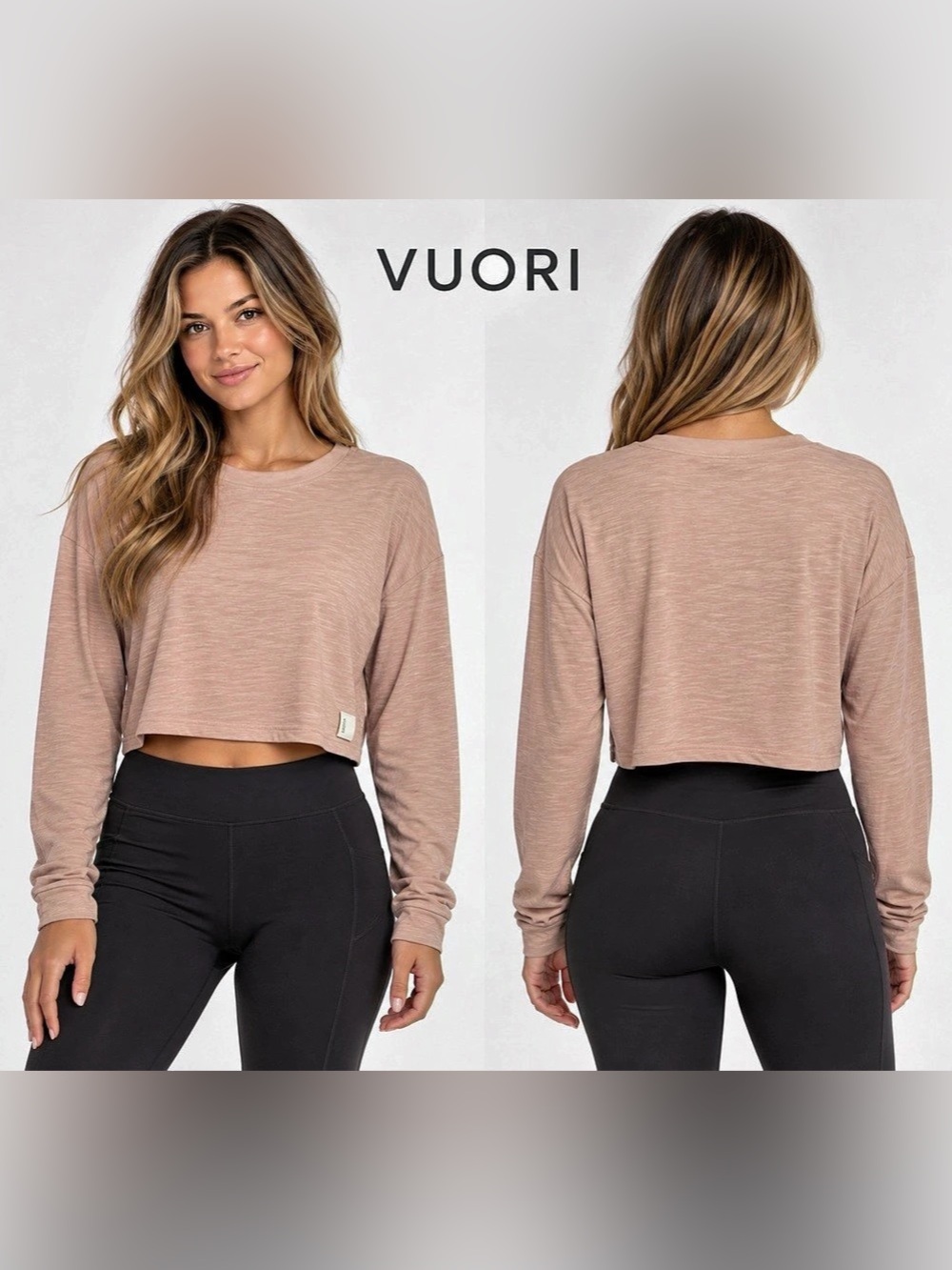 Vuori Sunrise Crew Large 100% Pima Cotton Cropped Long Sleeve Rosewood Heather